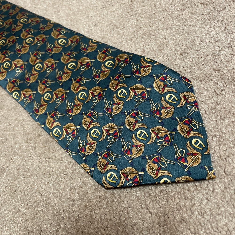 Vintage Etienne Aigner Silk Tie Geometric Green Equestrian print "A" logo 4"